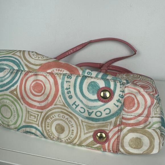 Coach Multicolor Signature The Beach Patent Leather Pink Trim Tote Bag F19184 - Picture 4 of 10